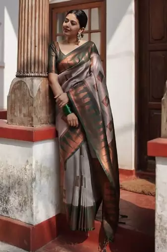 Grey green soft silk blend banarasi jacuard work designer party wear saree with unstitched blouse piece