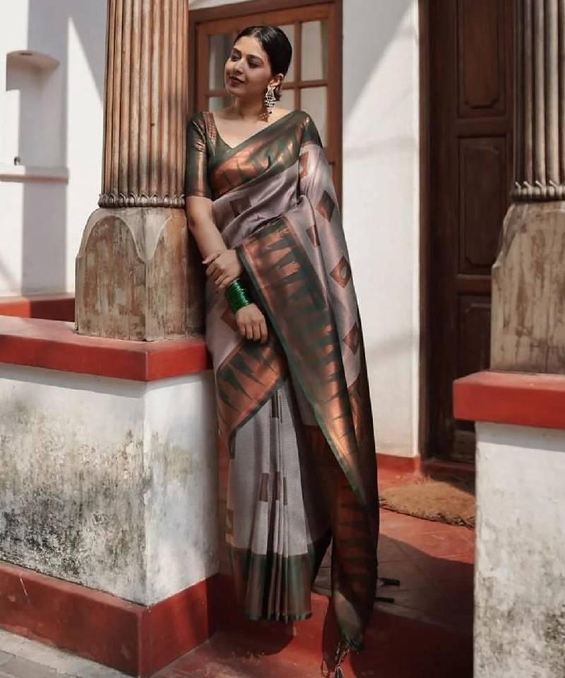 Grey green soft silk blend banarasi jacuard work designer party wear saree with unstitched blouse piece