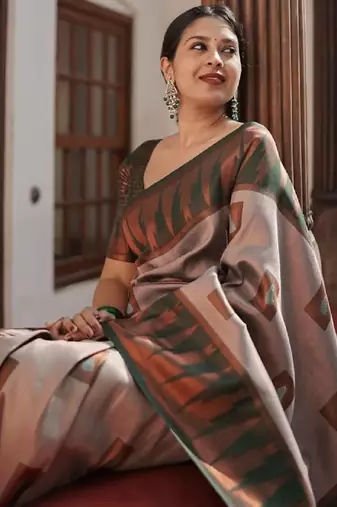 Grey green silk blend banarasi saree with unstitched blouse piece
