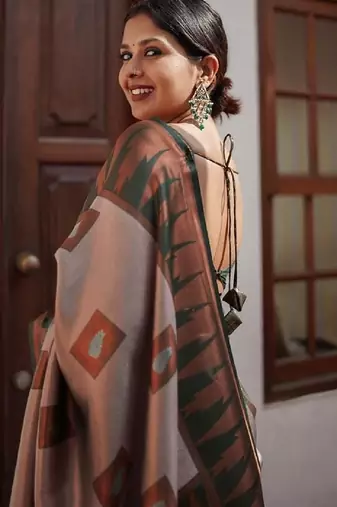 Grey green silk blend banarasi saree with unstitched blouse piece