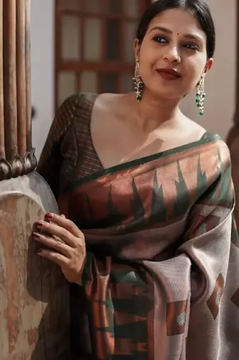 Grey green silk blend banarasi saree with unstitched blouse piece