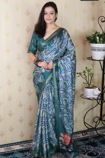 Teal tussar silk printed zari border saree with matching blouse piece