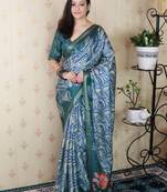 Teal tussar silk printed zari border saree with matching blouse piece