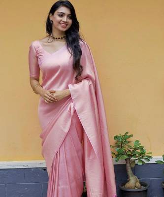 Baby pink silk blend banarasi saree with unstitched blouse piece 1