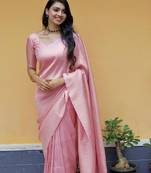 Baby pink silk blend banarasi saree with unstitched blouse piece