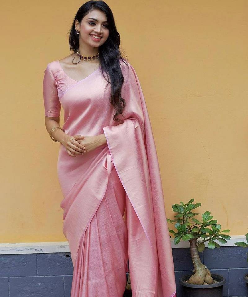 Baby pink soft silk blend banarasi jacuard work designer party wear saree with unstitched blouse piece