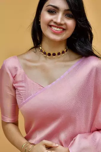 Baby pink silk blend banarasi saree with unstitched blouse piece