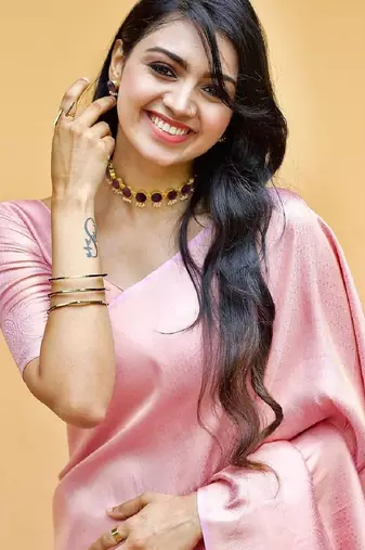 Baby pink silk blend banarasi saree with unstitched blouse piece