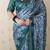 Teal tussar silk printed zari border saree with matching blouse piece