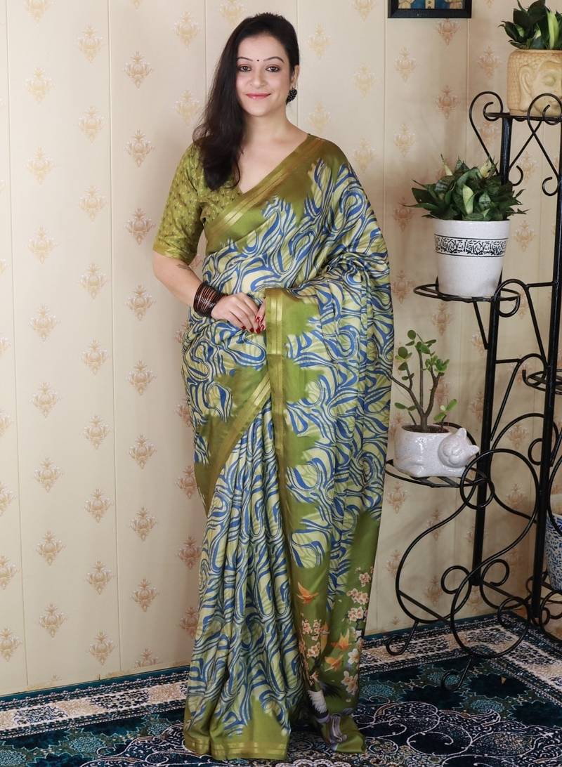 Green tussar silk printed zari border saree with matching blouse piece