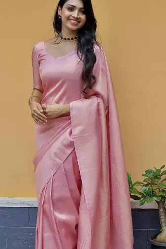 Baby pink silk blend banarasi saree with unstitched blouse piece