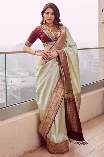 Pista maroon soft silk blend banarasi jacuard work designer party wear saree with unstitched blouse piece