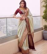 Pista maroon silk blend banarasi saree with unstitched blouse piece