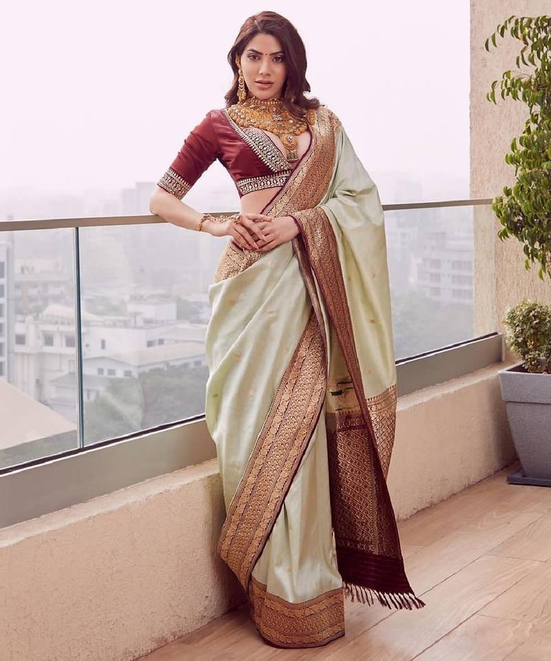 Pista maroon soft silk blend banarasi jacuard work designer party wear saree with unstitched blouse piece