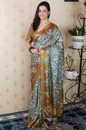 Beige tussar silk printed zari border saree with matching blouse piece
