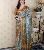 Beige tussar silk printed zari border saree with matching blouse piece