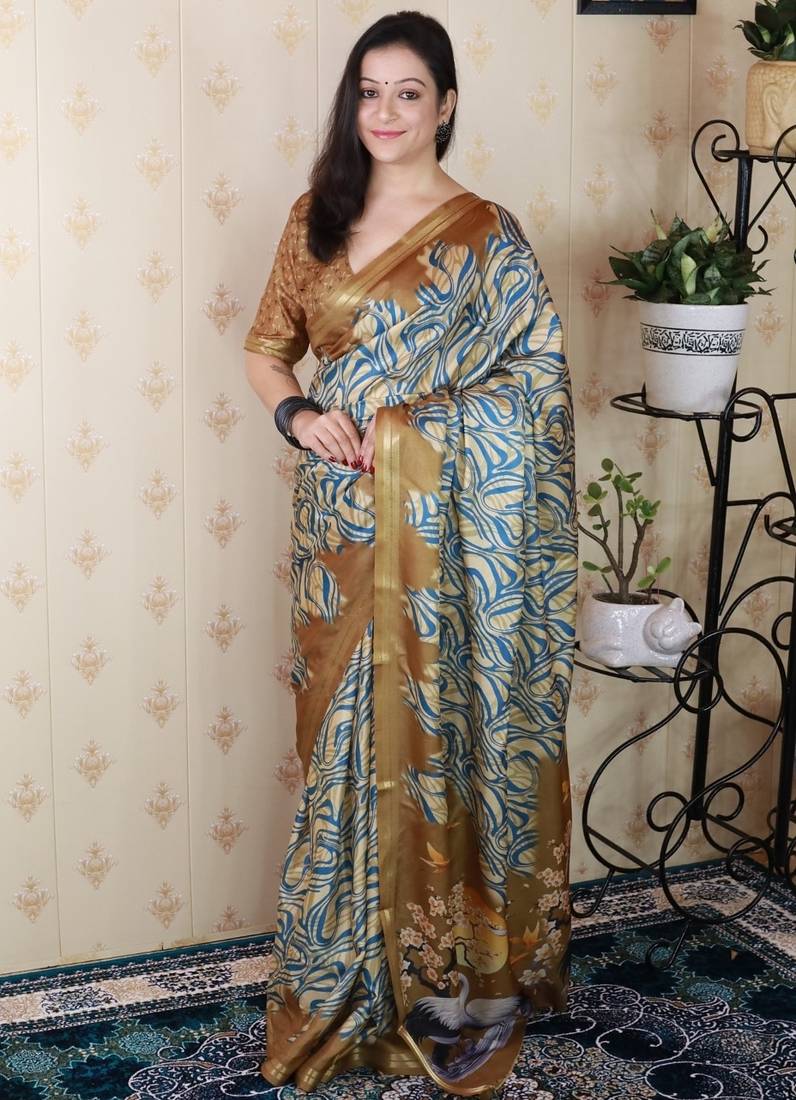 Beige tussar silk printed zari border saree with matching blouse piece