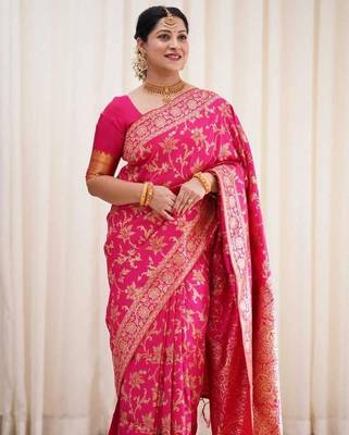 Pink silk blend banarasi saree with unstitched blouse piece 1
