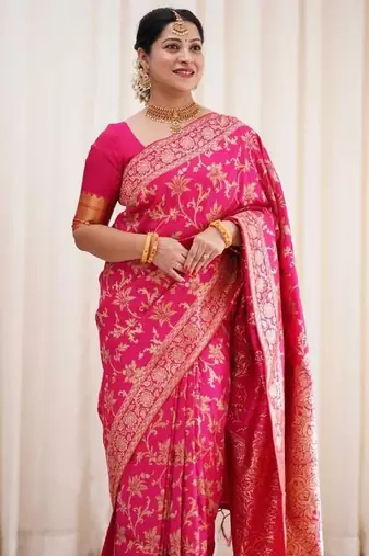 Pink soft silk blend banarasi jacuard work designer party wear saree with unstitched blouse piece