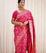 Pink silk blend banarasi saree with unstitched blouse piece