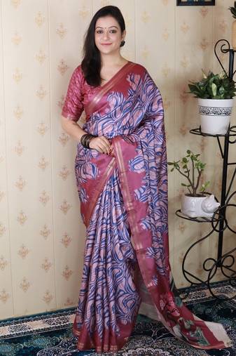 Pink tussar silk printed zari border saree with matching blouse piece