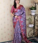 Pink tussar silk printed zari border saree with matching blouse piece