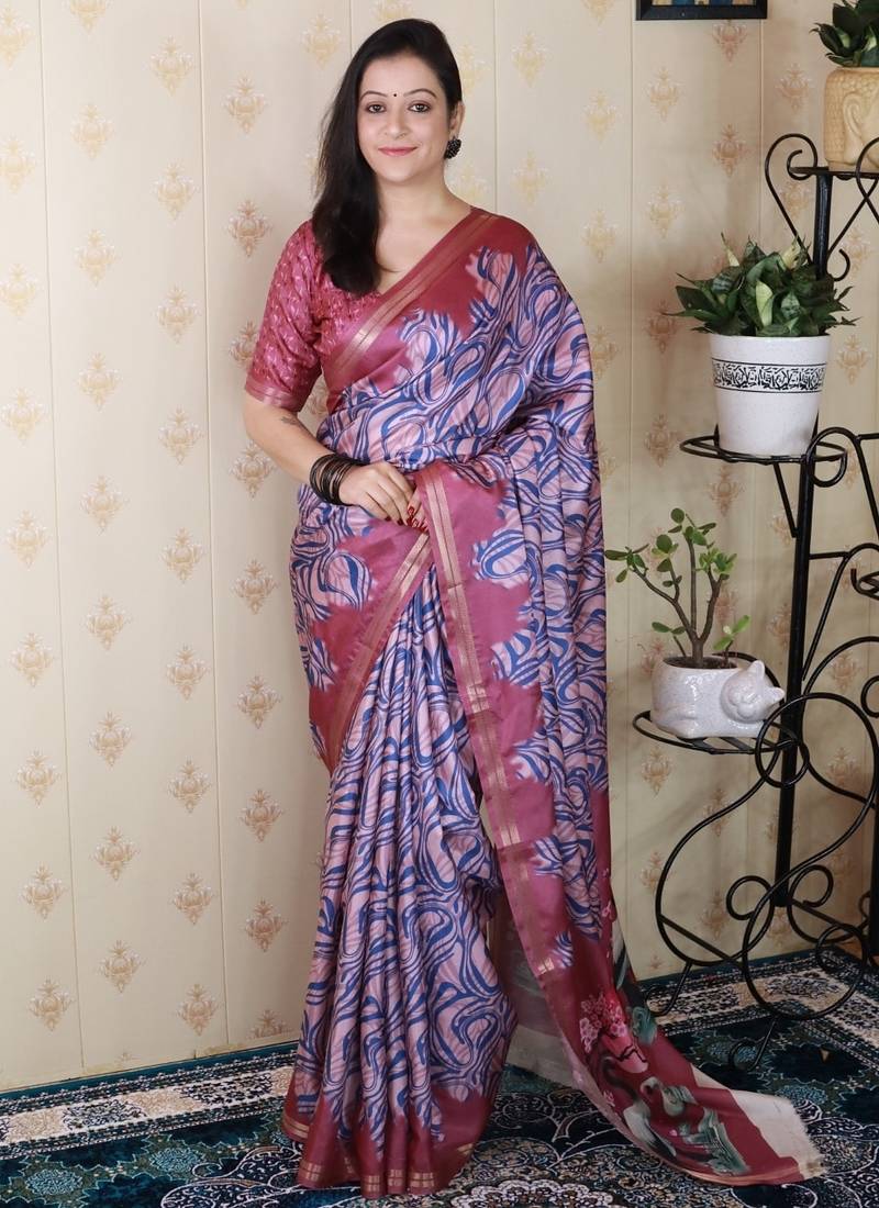Pink tussar silk printed zari border saree with matching blouse piece