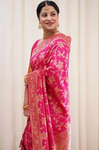 Pink silk blend banarasi saree with unstitched blouse piece