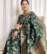Green silk blend banarasi saree with unstitched blouse piece