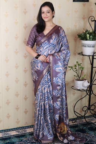 Lavender tussar silk printed zari border saree with matching blouse piece
