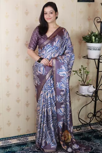 Lavender tussar silk printed zari border saree with matching blouse piece