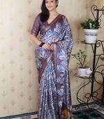 Lavender tussar silk printed zari border saree with matching blouse piece