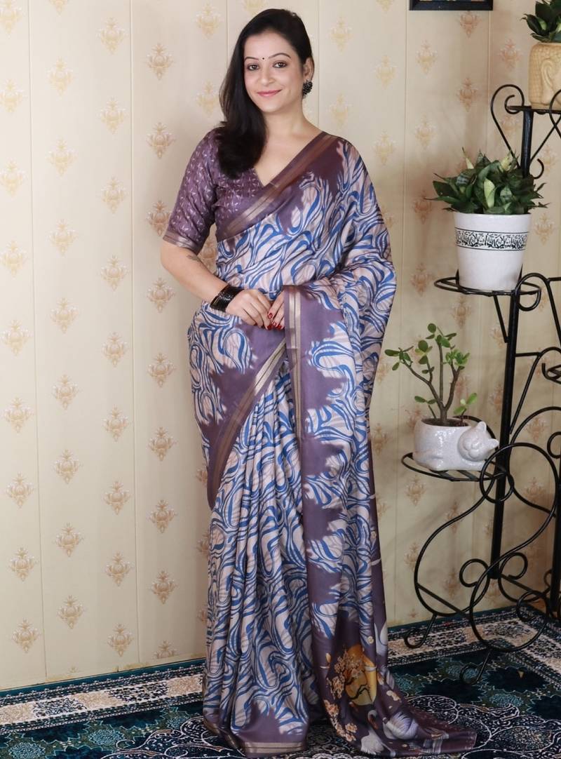 Lavender tussar silk printed zari border saree with matching blouse piece