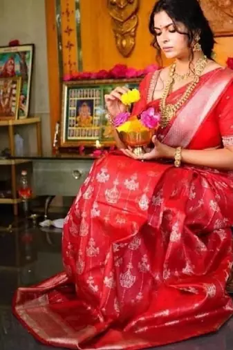 Red soft silk blend banarasi jacuard work designer party wear saree with unstitched blouse piece