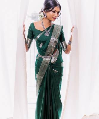 Green silk blend banarasi saree with unstitched blouse piece 1