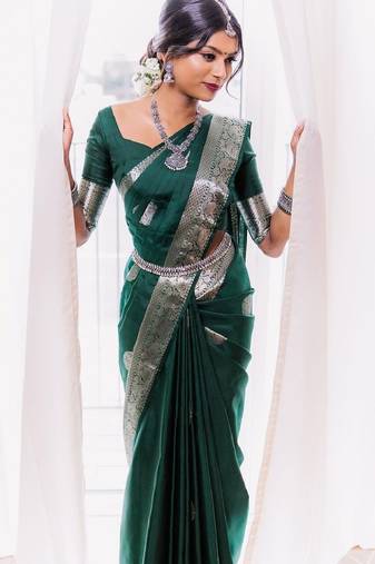 Green soft silk blend banarasi jacuard work designer party wear saree with unstitched blouse piece