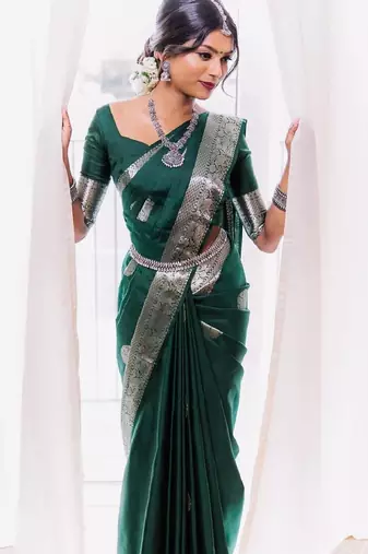 Green soft silk blend banarasi jacuard work designer party wear saree with unstitched blouse piece