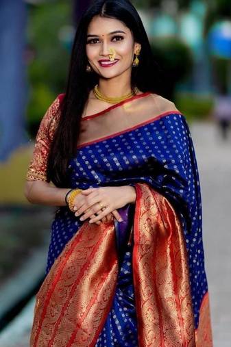 Blue red soft silk blend banarasi jacuard work designer party wear saree with unstitched blouse piece