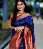 Blue red silk blend banarasi saree with unstitched blouse piece