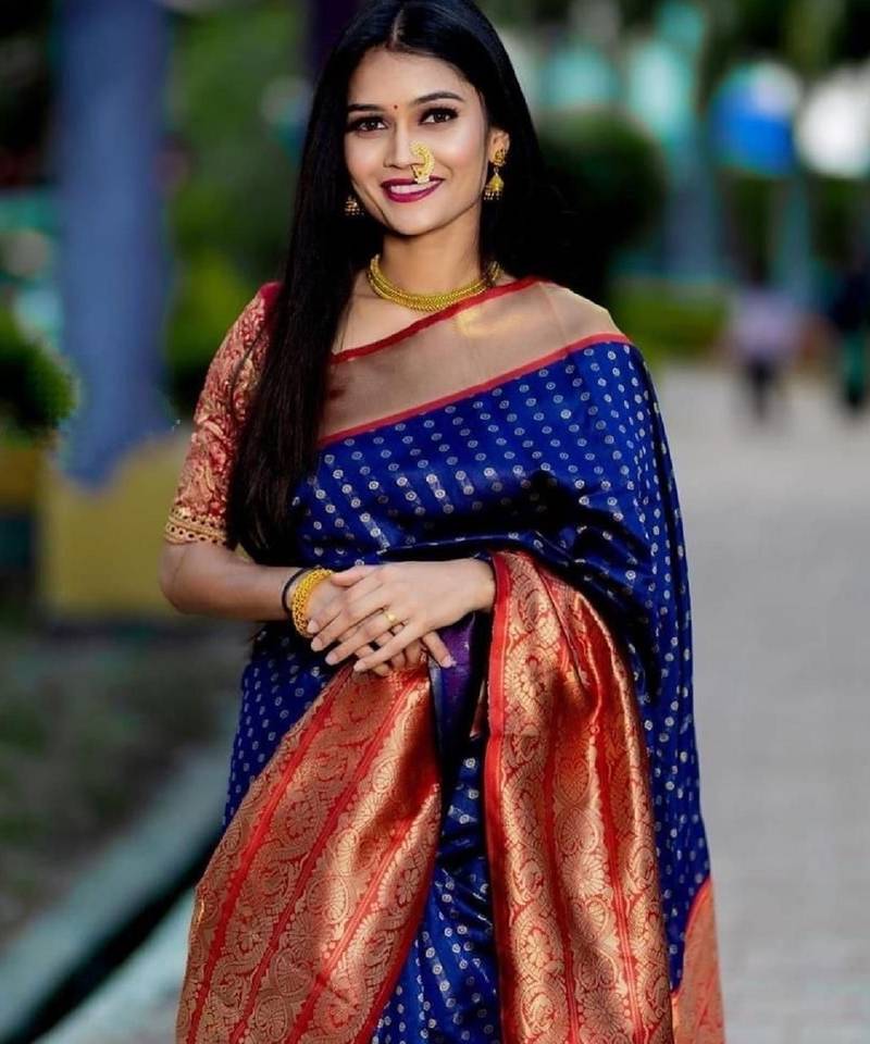 Blue red soft silk blend banarasi jacuard work designer party wear saree with unstitched blouse piece