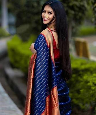 Blue red silk blend banarasi saree with unstitched blouse piece 2