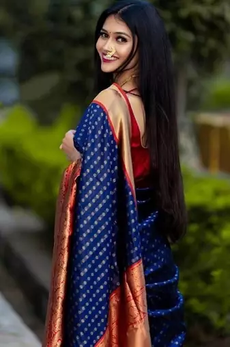 Blue red silk blend banarasi saree with unstitched blouse piece