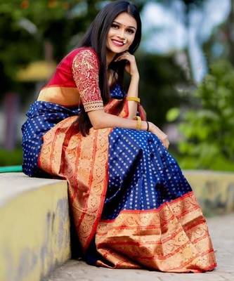Blue red silk blend banarasi saree with unstitched blouse piece 3