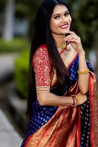 Blue red silk blend banarasi saree with unstitched blouse piece