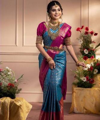 Turquoise pink silk blend banarasi saree with unstitched blouse piece 1