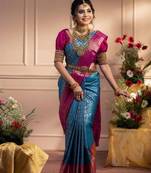 Turquoise pink silk blend banarasi saree with unstitched blouse piece