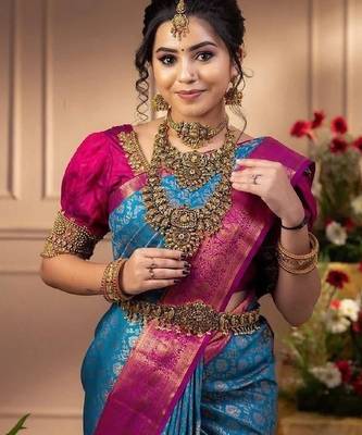 Turquoise pink silk blend banarasi saree with unstitched blouse piece 2