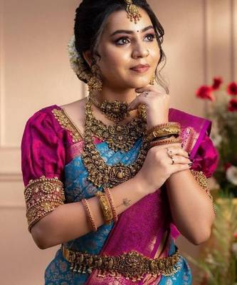 Turquoise pink silk blend banarasi saree with unstitched blouse piece 3