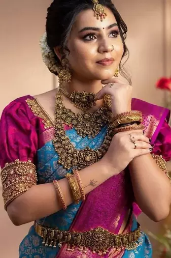 Turquoise pink silk blend banarasi saree with unstitched blouse piece