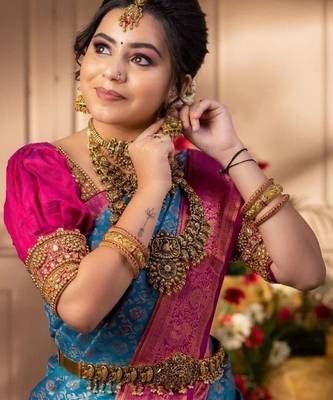 Turquoise pink silk blend banarasi saree with unstitched blouse piece 5